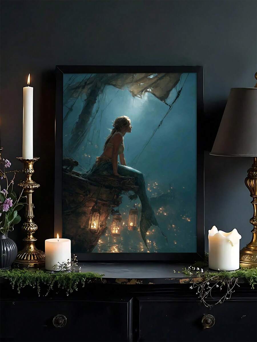 Mermaid by lantern light nautical fantasy canvas poster