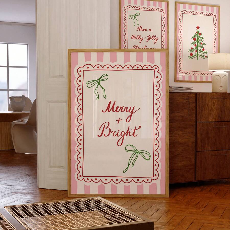 "Merry & Bright" Vintage Pink Girly Christmas Holiday Canvas Poster