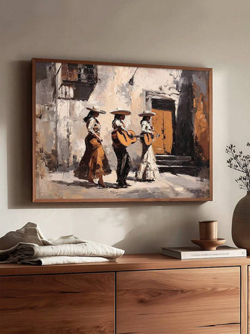 Mexican Mariachi Festive Female Musicians Vintage Street Scene Canvas Poster 