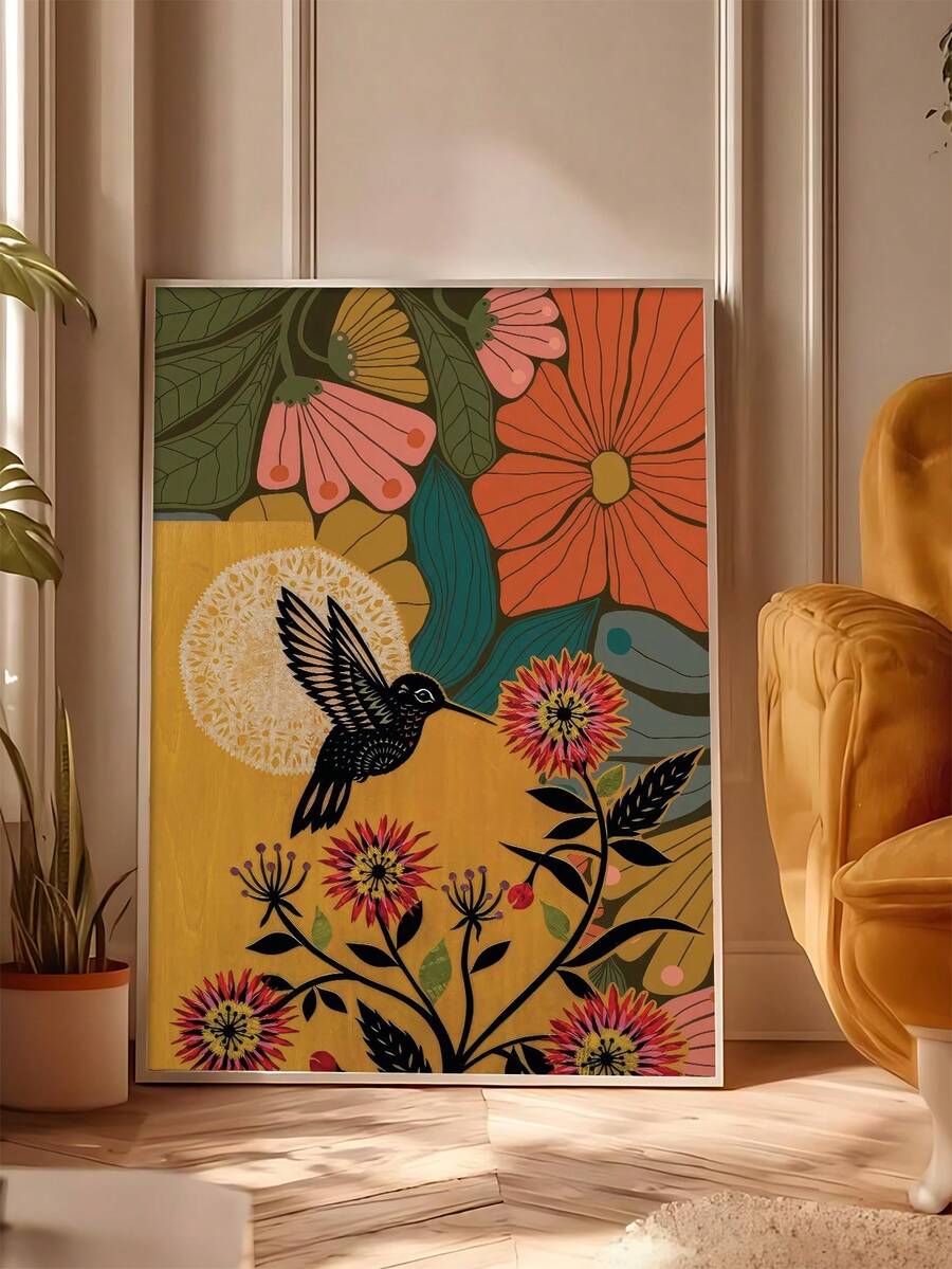Boho hummingbird and floral framed wall art