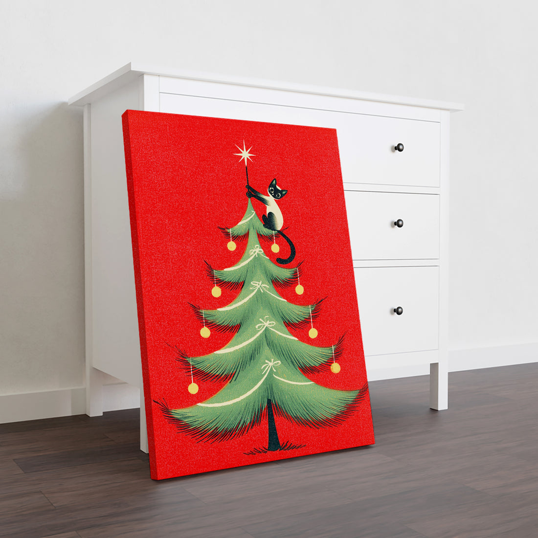 Elevate your interior with this striking mid-century modern canvas print featuring a sophisticated tuxedo cat perched gracefully on a stylized tree. The retro aesthetic captures the essence of 1950s design with clean lines, muted tones, and minimalist composition that complements contemporary and vintage décor alike.