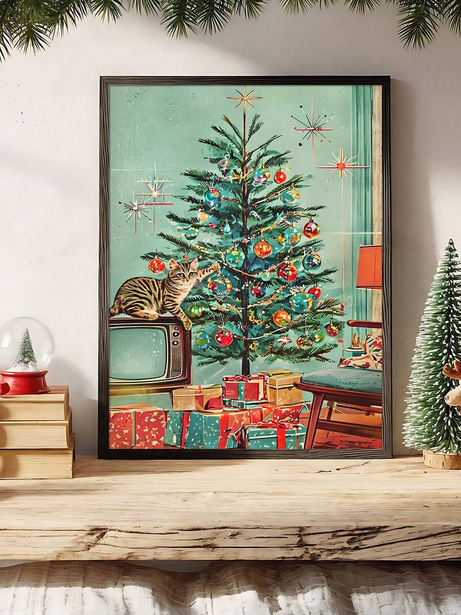 Mid-Century Retro Christmas Cat & Santa Canvas Poster
