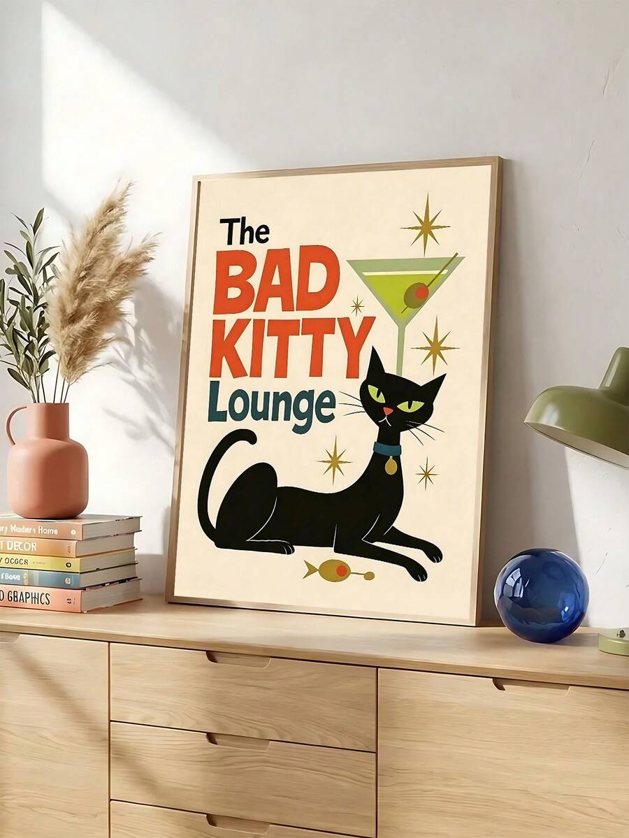 Framed Bad Kitty Lounge poster with black cat martini glass and retro mid century typography
