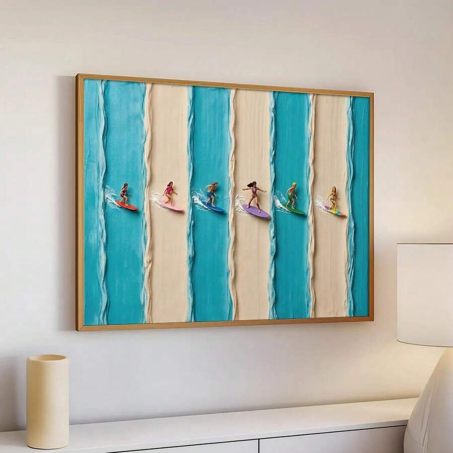 Coastal surfers wall art in wood frame