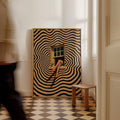 Black-and-tan wavy abstract print with female legs extending from window beside checkerboard floor