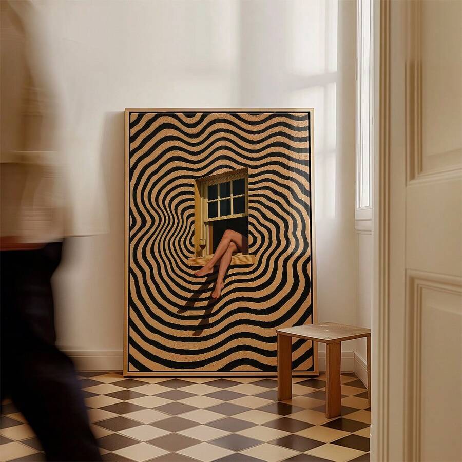 Black-and-tan wavy abstract print with female legs extending from window beside checkerboard floor