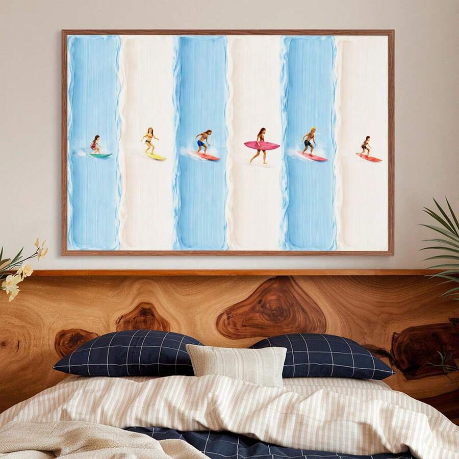 Six tiny surfers on colorful boards across blue and cream bands in canvas print
