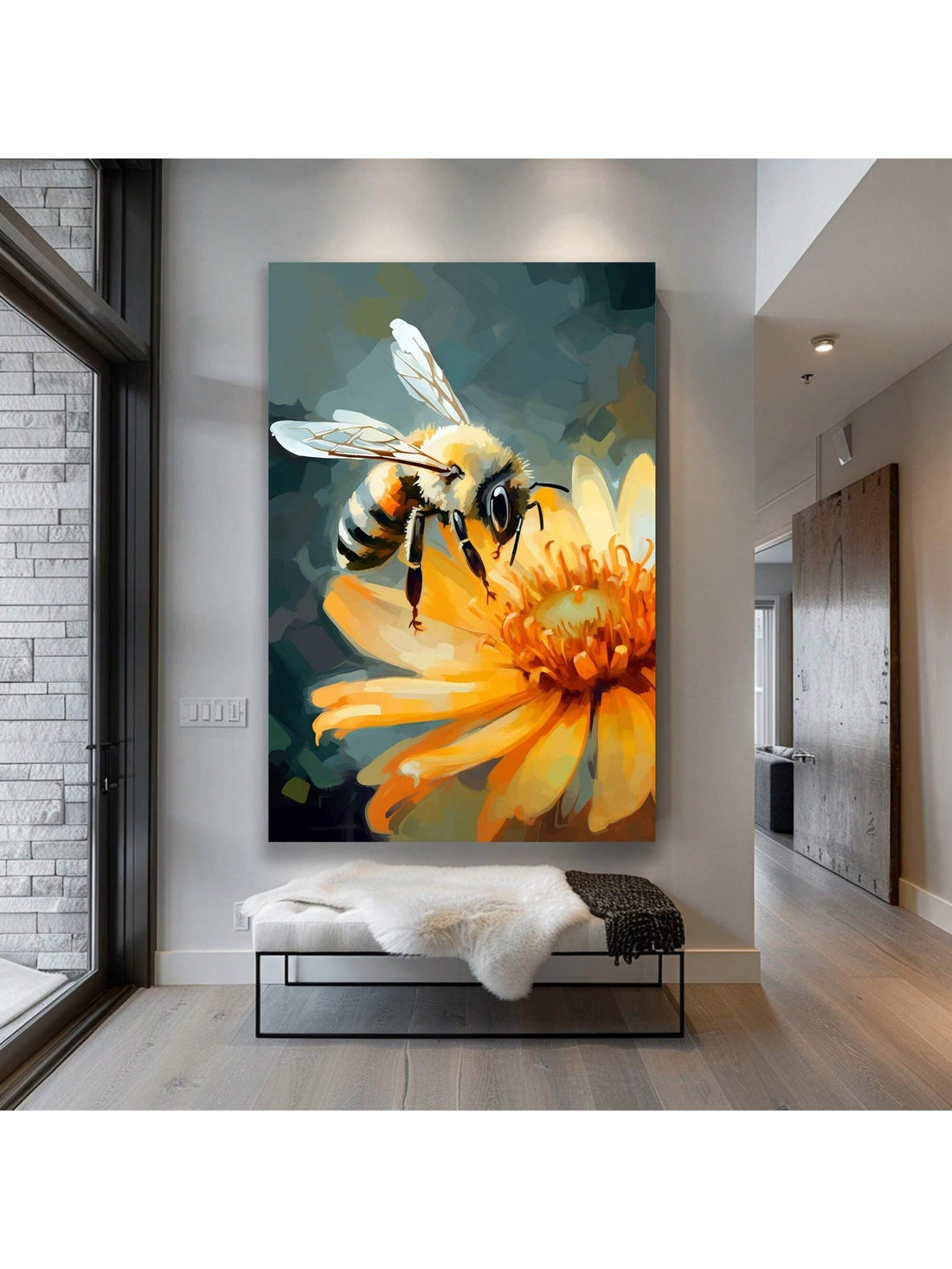 Elevate your home décor with our Minimalist Bee &amp; Flower Framed Canvas Art. Featuring a timeless design, this piece adds a touch of sophistication to any space. Perfect for gifting to new homeowners, this artwork is sure to be a stylish addition to their home. Impress your guests with this stunning and elegant piece.