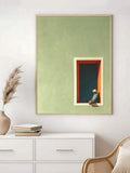 Minimalist green reading artwork in a light wood frame