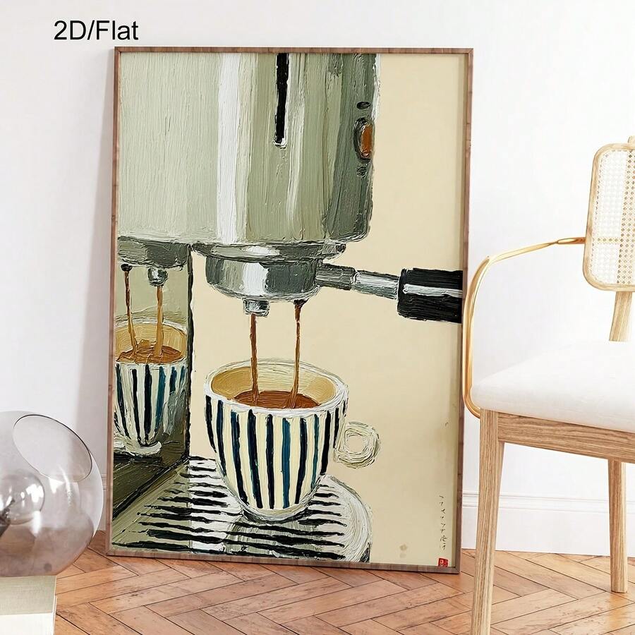 Framed espresso machine canvas poster leaning beside a cane chair with coffee pouring into a striped cup