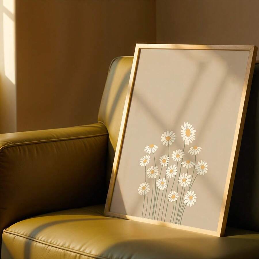 Minimalist daisy canvas print on green sofa