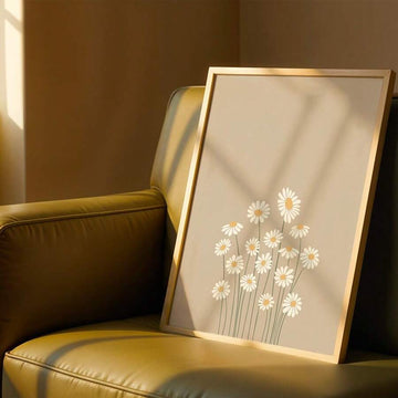 Minimalist daisy canvas print on green sofa