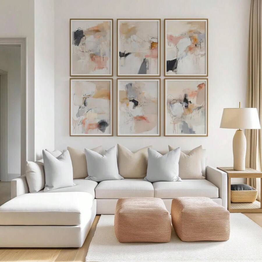 Transform your space with this stunning 6-piece abstract wall décor set, designed for modern living rooms and girls' rooms alike. Each minimalist geometric poster features clean lines and contemporary aesthetics that complement any interior style.