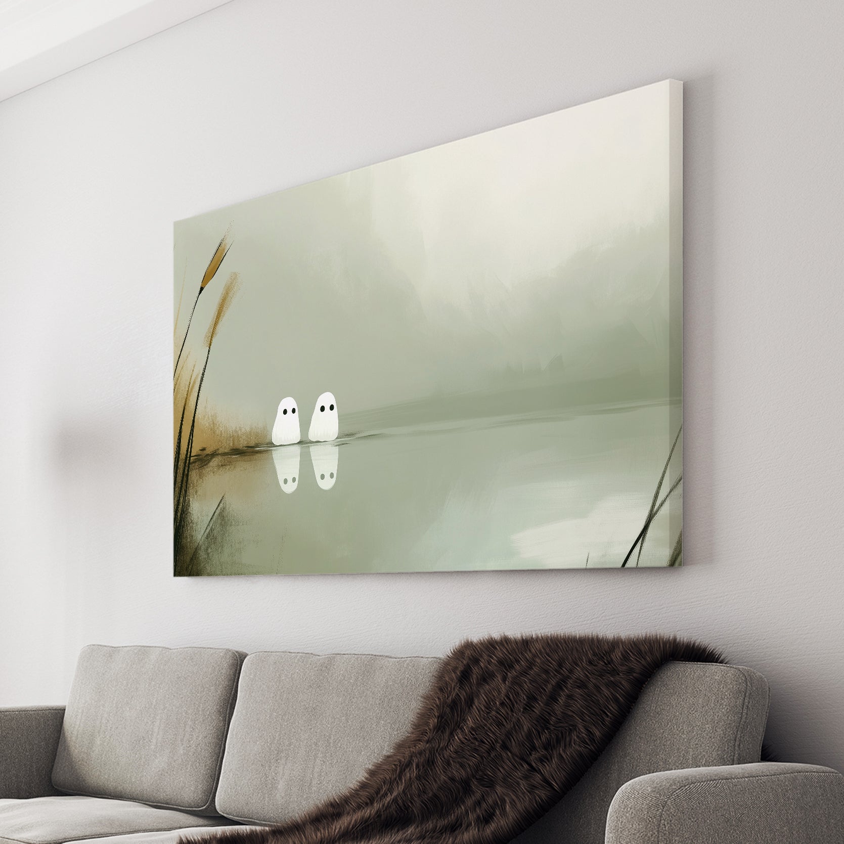 Add a touch of ethereal beauty to your living room, sofa, or bedside with our Minimalist Ghost Art Canvas Print. Featuring a tranquil lake scene with cattails, this canvas print is the perfect addition to your home decor. Bring a sense of calm and serenity with this stunning piece.
