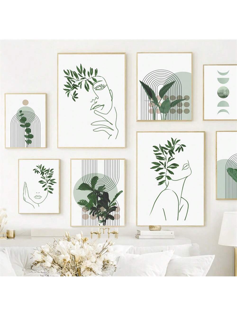 Enhance your home decor with our minimalist green leaf and abstract face line art. This frameless canvas wall decor adds a touch of nature and modern art to any room. Expertly crafted to bring a sense of calm and sophistication to your living space.