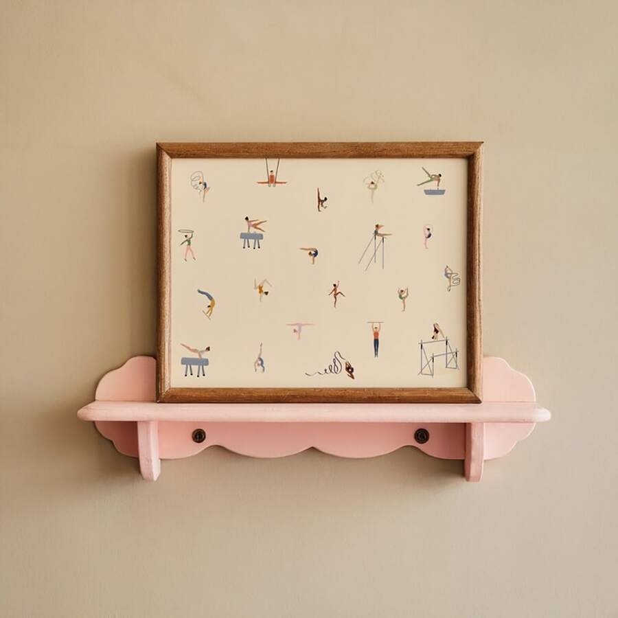 Minimalist gymnast wall art on pink shelf