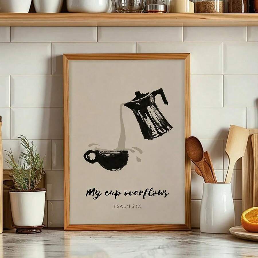 Minimalist Japanese Psalm 23:5 "My Cup Overflows" Coffee Pouring Canvas Poster