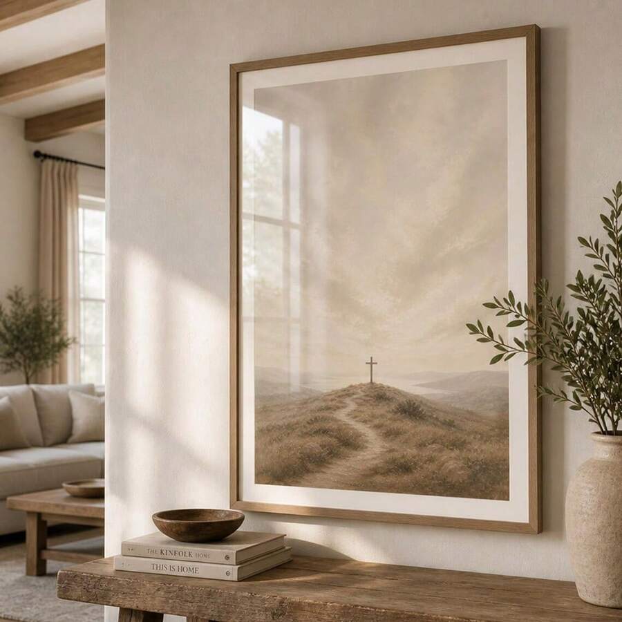 Hilltop cross landscape above rustic wood console