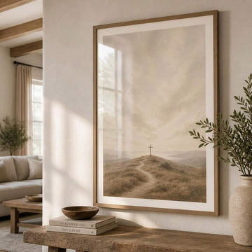 Hilltop cross landscape above rustic wood console