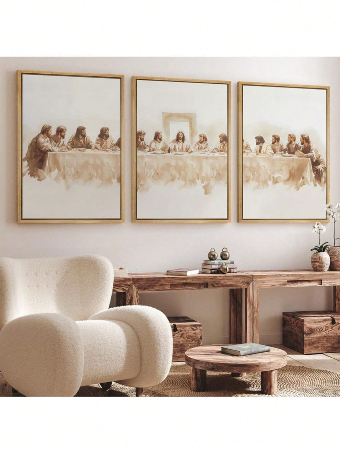 Elevate your home's spiritual ambiance with our Minimalist Jesus Last Supper Canvas Art Set. This vintage-inspired Christian wall decor features a refined, understated interpretation of the iconic biblical scene, crafted with meticulous attention to detail. The elegant minimalist design complements contemporary interiors while honoring traditional religious imagery, creating a meaningful focal point for any room.