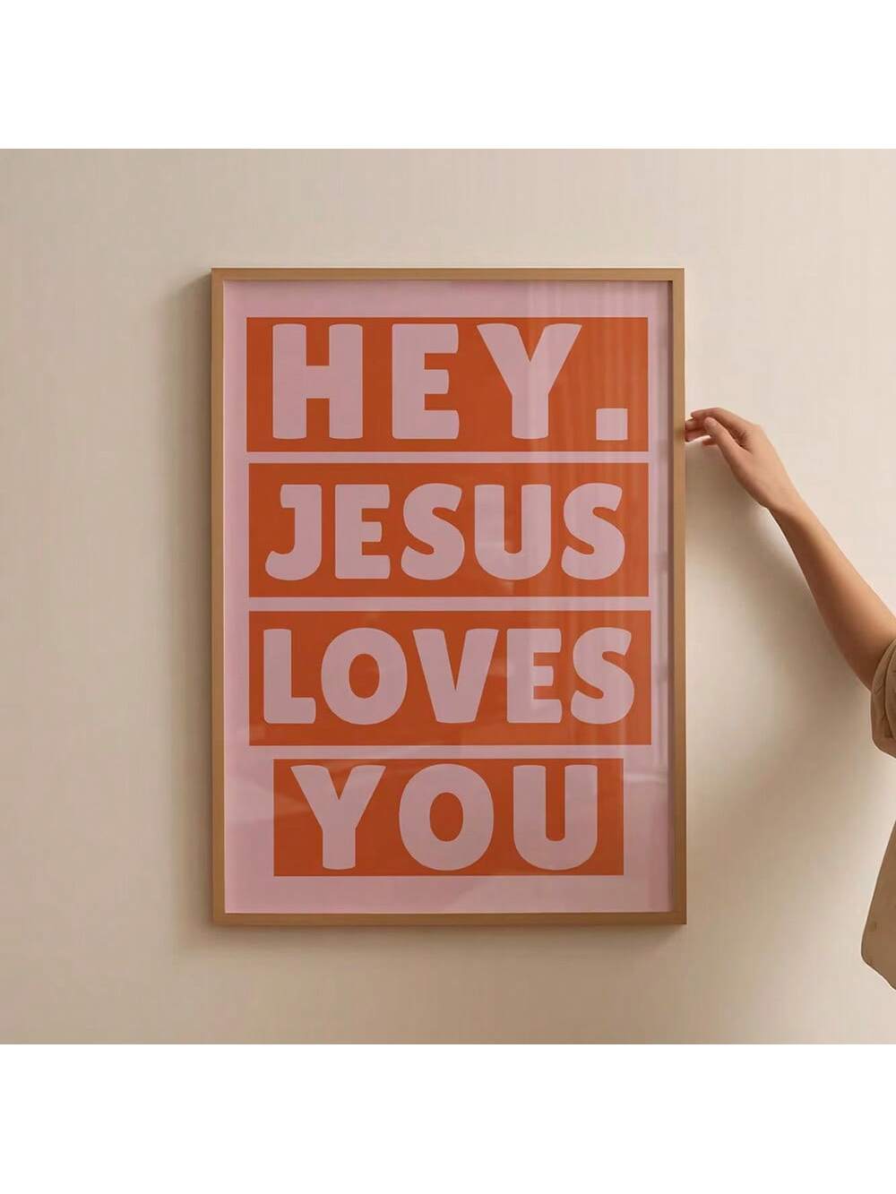 This minimalist canvas poster features a simple yet powerful "Jesus Loves You" typography design, perfect for adding a subtle spiritual touch to modern home decor. Unframed for versatile display options, it complements various interior styles while conveying a meaningful message. Ideal for those seeking contemporary Christian art that inspires and uplifts.
