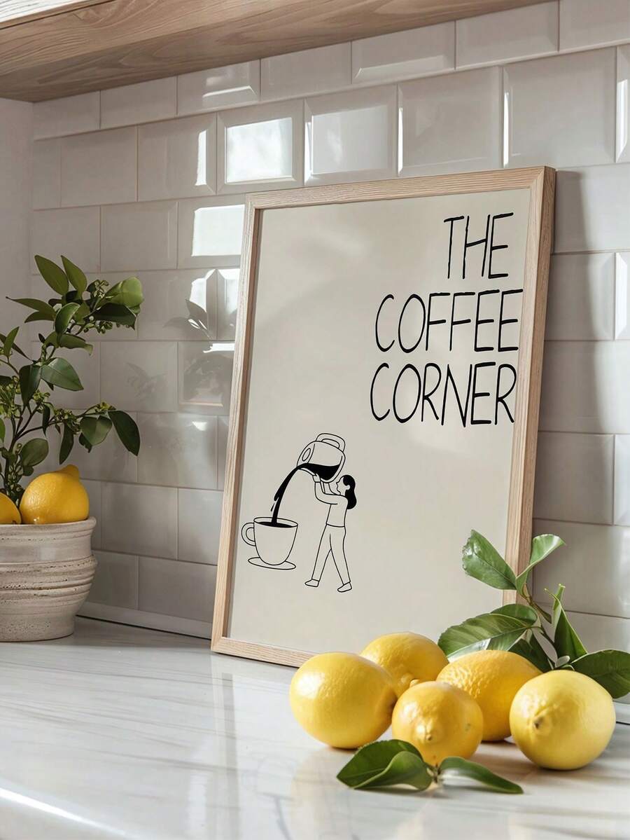 Framed coffee corner wall art on kitchen counter with lemons plants and white tile