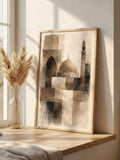 Minimalist mosque wall art with abstract dome minaret and neutral beige arches
