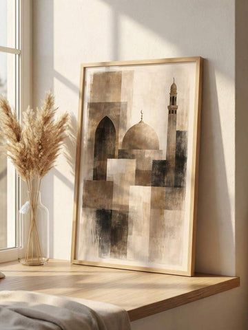 Minimalist mosque wall art with abstract dome minaret and neutral beige arches