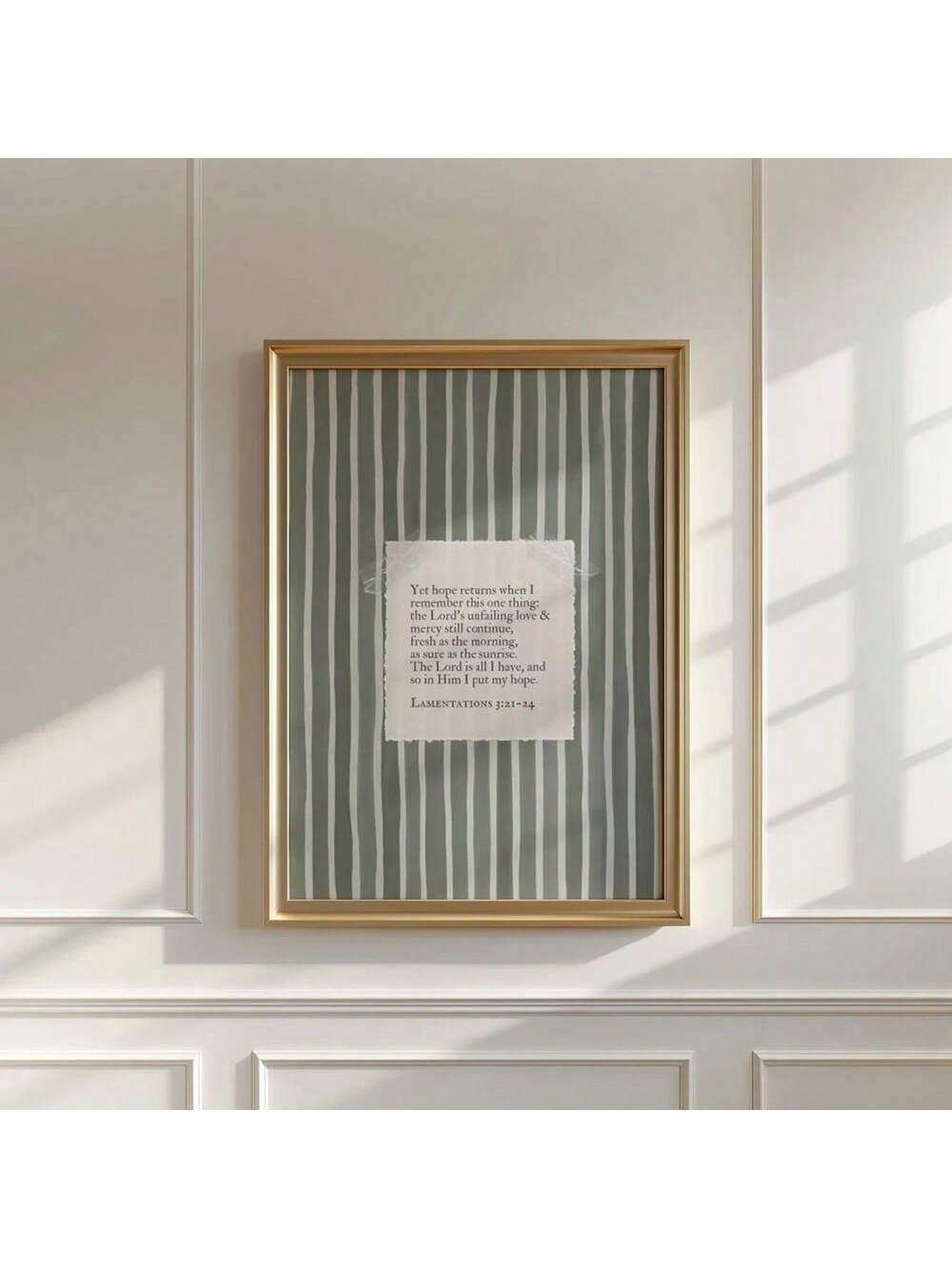 Enhance your modern home decor with our Minimalist Olive Green Stripe Bible Verse Poster. Made for the Boho-chic Christian, this wall art features a striking green stripe and a powerful bible verse. Add a touch of faith and style to any room with this unique piece.