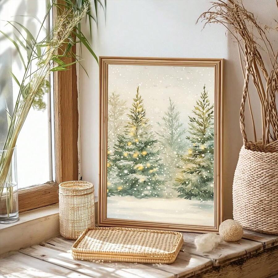 Framed watercolor evergreens with soft gold lights in a snowy woodland
