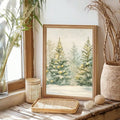 Framed watercolor evergreens with soft gold lights in a snowy woodland