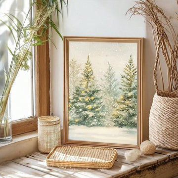 Framed watercolor evergreens with soft gold lights in a snowy woodland