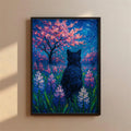 Impressionist starry night animal canvas with pink-blossomed tree