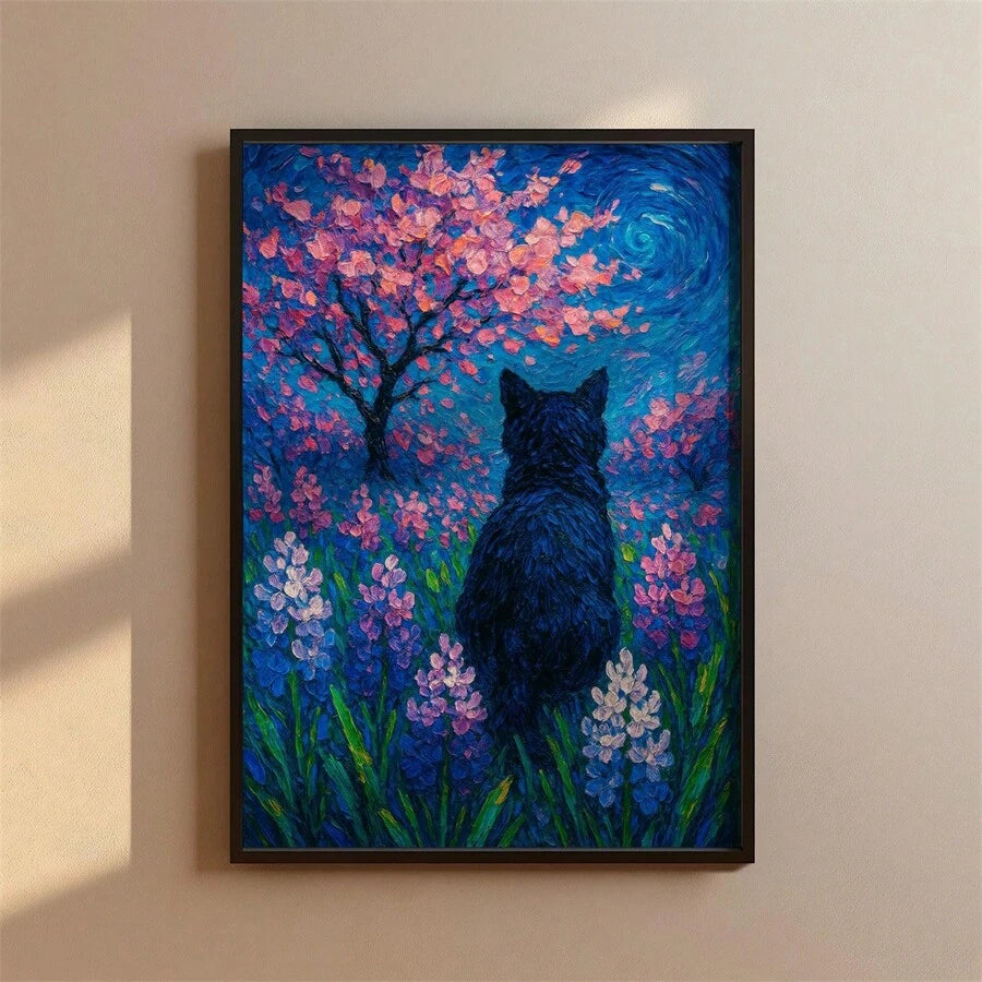 Impressionist starry night animal canvas with pink-blossomed tree