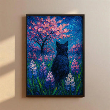 Impressionist starry night animal canvas with pink-blossomed tree