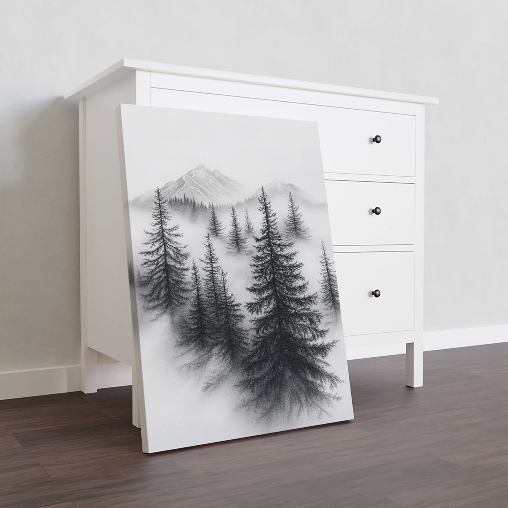 Transform your living room, bedside, or sofa backdrop into a tranquil retreat with this stunning Misty Forest Canvas Wall Art. Featuring a black and white depiction of pine trees against majestic mountains, this piece adds a sense of serenity to any space. Made with high-quality materials, it will enhance your home decor for years to come.