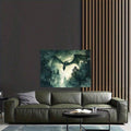 Misty forest dragon tapestry displayed above dark sofa in fantasy living room
