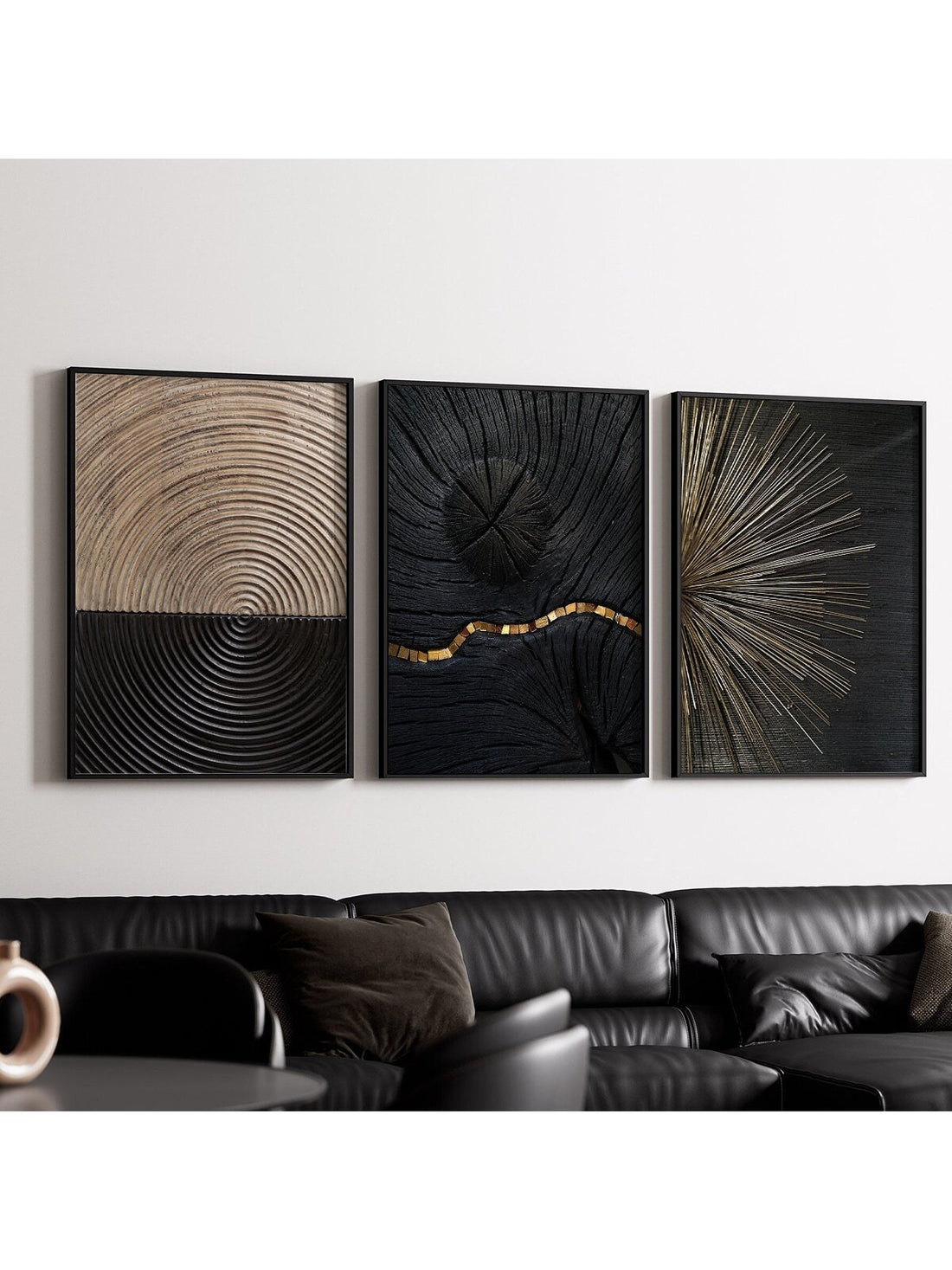 Elevate your interior with this sophisticated 3-piece wall art collection, designed to complement contemporary Scandinavian aesthetics. Each unframed canvas features striking black and gold textures that create visual depth and modern elegance without overwhelming your space. The minimalist presentation allows these pieces to integrate seamlessly into any room—whether displayed as a cohesive triptych or arranged individually for flexible styling. Perfect for those seeking gallery-quality art that balances b