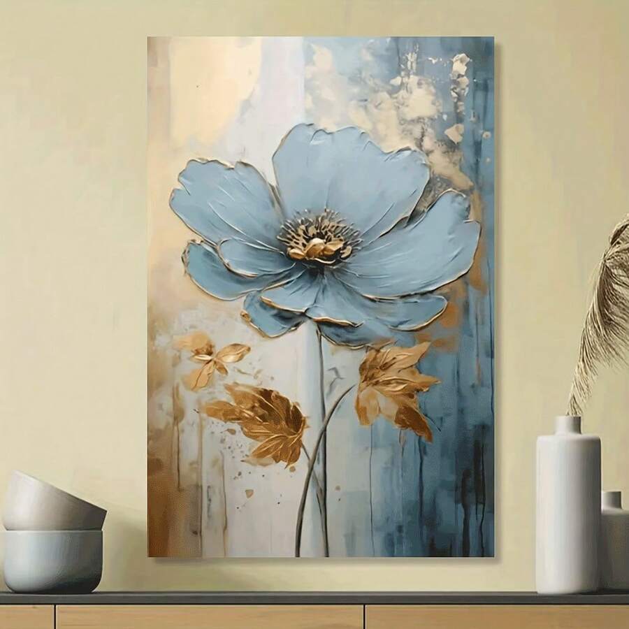 Elevate your space with this stunning modern abstract blue flower canvas art print. Featuring delicate golden floral accents, this frameless piece brings contemporary elegance to any room. The waterproof canvas ensures durability and easy maintenance, making it perfect for living rooms, bedrooms, or dining areas. Its minimalist design complements various décor styles while adding a sophisticated focal point to your walls. Transform your interior with timeless botanical-inspired artistry.
