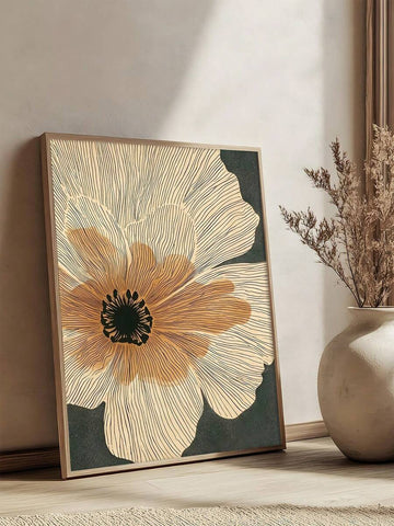 Mid-century abstract botanical canvas with cream and ochre flower