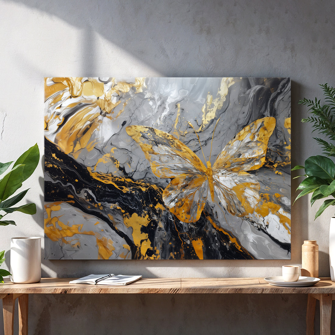 Elevate your living space with this Modern Abstract Butterfly Canvas Wall Art featuring a sophisticated gold, grey, and black marble design. Perfect for enhancing your living room, sofa backdrop, or bedside area, this piece combines contemporary artistry with subtle elegance. Its abstract butterfly motif adds a dynamic focal point while the marble-inspired palette complements a variety of interior styles, creating a refined and harmonious atmosphere in your home.