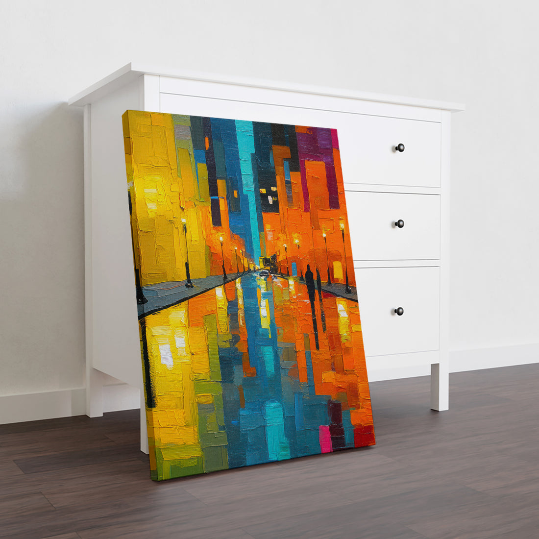 Elevate your living space with this Modern Abstract City Street Canvas Wall Art, featuring a vibrant rainy night cityscape rendered in rich oil painting style. Its colorful composition brings dynamic energy and depth, making it an ideal centerpiece for your living room, sofa backdrop, or bedside decoration. Crafted to enhance contemporary interiors, this print adds a sophisticated urban ambiance while complementing diverse décor styles.