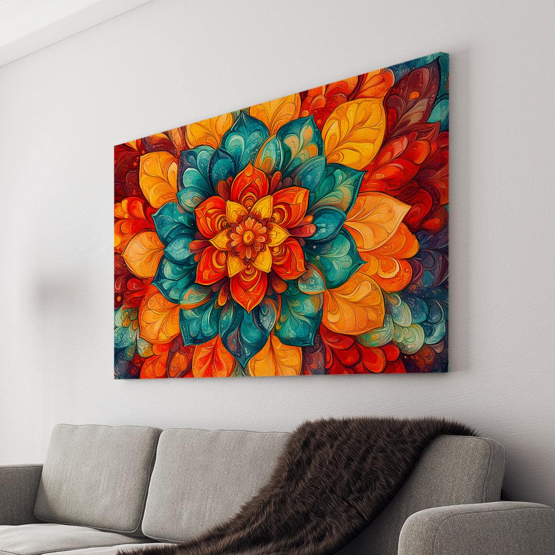 Add a pop of color to your home decor with our Modern Abstract Floral Canvas Wall Art. Featuring a vibrant turquoise and orange mandala print, this piece is perfect for your living room, sofa backdrop, or bedside decoration. Elevate your space with this stunning and modern piece of art.