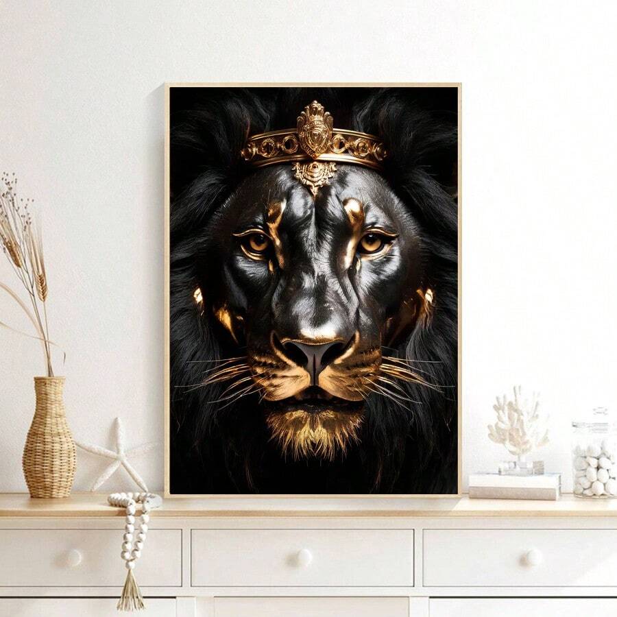 Elevate your space with this striking Modern Abstract Golden Lion Canvas Art Print. Featuring a majestic crown lion rendered in contemporary style, this unframed canvas brings bold sophistication to any room. The waterproof material ensures durability and easy maintenance, making it perfect for living rooms, bedrooms, and dining areas. The abstract graphic design combines animal imagery with modern aesthetics, creating a statement piece that commands attention. Transform your walls with timeless elegance an