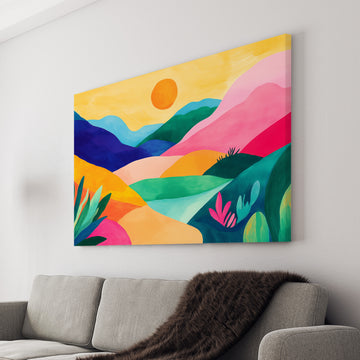 Modern Abstract Landscape Canvas Wall Art, Colorful Mountain Scene with Sun - For Living Room, Sofa Backdrop, Bedside Decoration, Home Decor