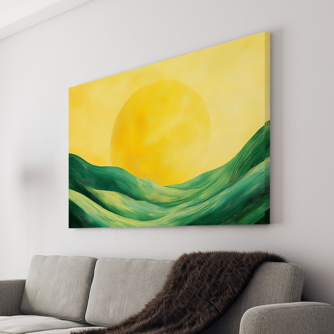 Add a touch of modernity and nature to your living space with our Modern Abstract Landscape Canvas Wall Art. Featuring a vibrant yellow sun and rolling green hills, this piece is perfect for the living room, sofa backdrop, bedside, or any other home décor. Bring the beauty of the outdoors inside with this stunning piece.