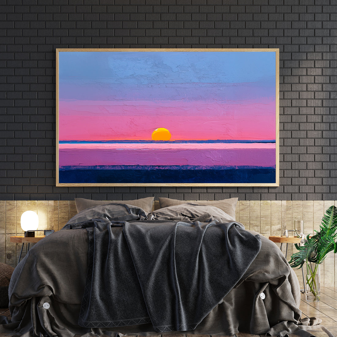 Transform your space with this striking modern abstract canvas that captures the serene beauty of a coastal sunset. Rendered in captivating shades of purple, pink, and blue, the composition evokes the tranquil meeting of ocean and sky. 