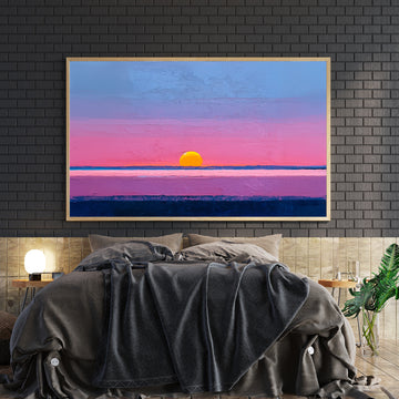 Transform your space with this striking modern abstract canvas that captures the serene beauty of a coastal sunset. Rendered in captivating shades of purple, pink, and blue, the composition evokes the tranquil meeting of ocean and sky. 