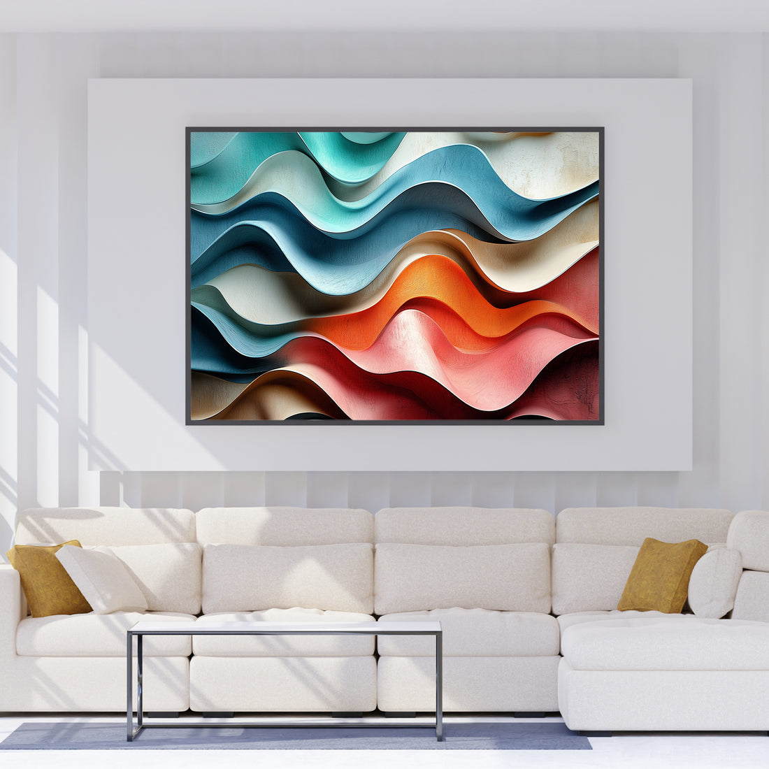 This modern abstract wave canvas wall art boasts a multicolor curved design, perfect for adding a touch of style to your living room, sofa backdrop, bedside, or any other space in your home. The unique design is sure to make a statement and elevate your home decor.
