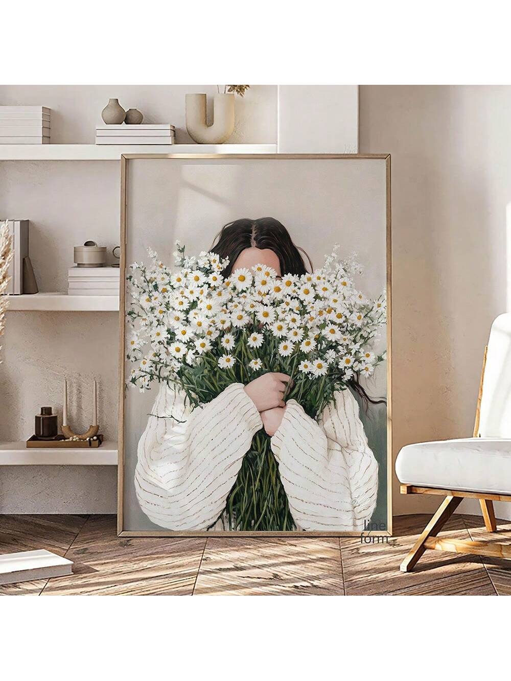 Elevate your space with our Japandi-inspired abstract portrait print featuring a woman holding a daisy bouquet. This sophisticated wall art seamlessly blends minimalist Japanese aesthetics with Scandinavian functionality, creating a focal point that adds both serenity and visual interest to any room. The balanced composition and neutral palette with subtle floral accents make this piece versatile enough for contemporary interiors while providing timeless artistic appeal.